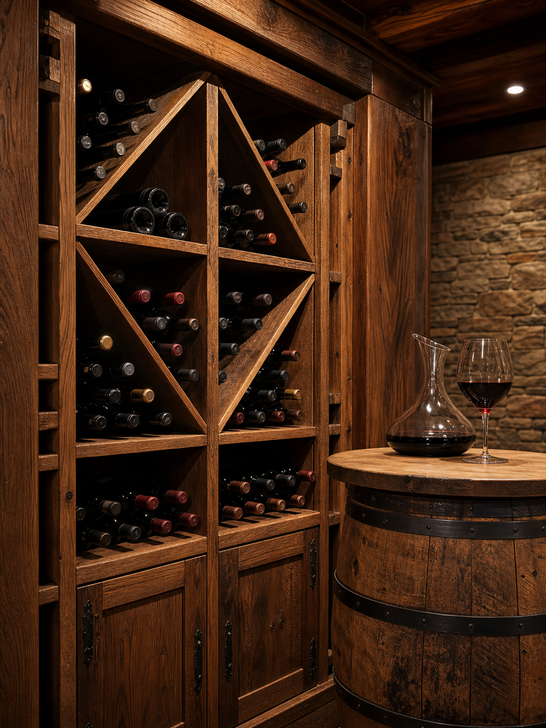 Scaffalatura in legno su misura per bottiglie di vino con bancone in botte di rovere