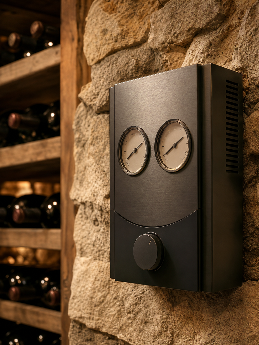 Dispositivo di climatizzazione e controllo dell'umidita montato a parete in una cantina per vini