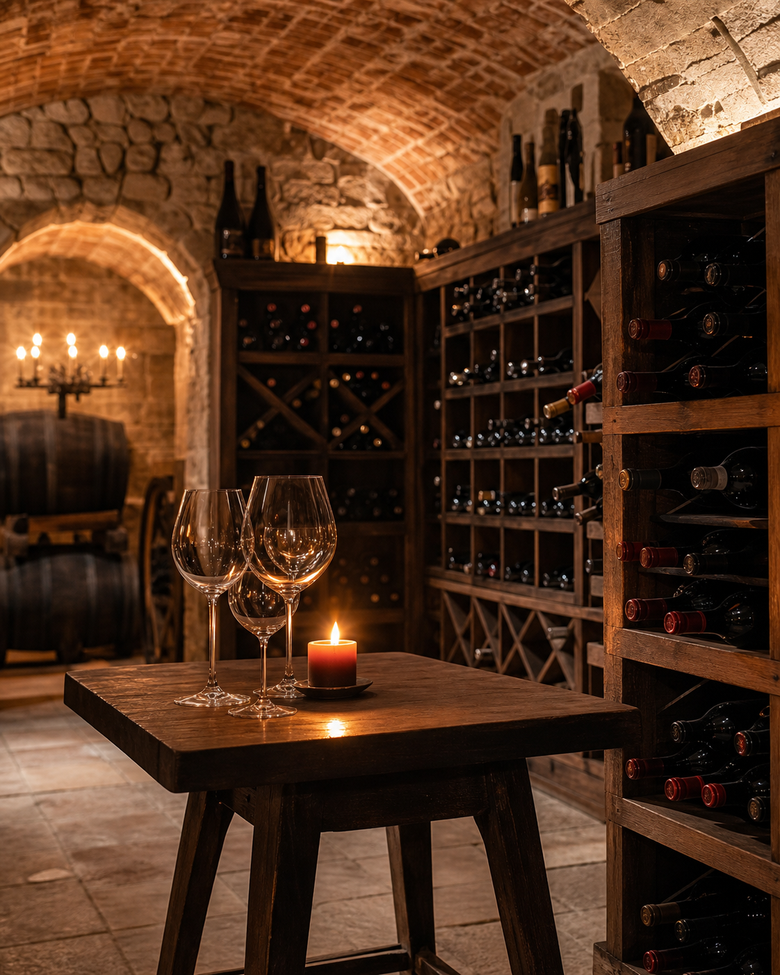 Cantina vinicola in pietra con volta a botte e scaffali in legno illuminati da luce calda