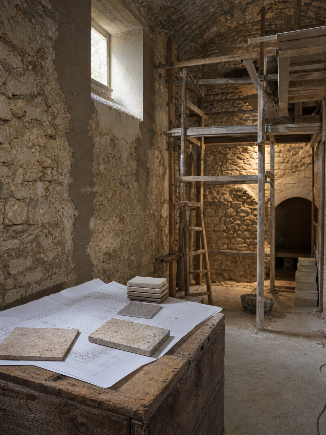 Progetto di ristrutturazione di una cantina con pareti in pietra a vista in fase di realizzazione
