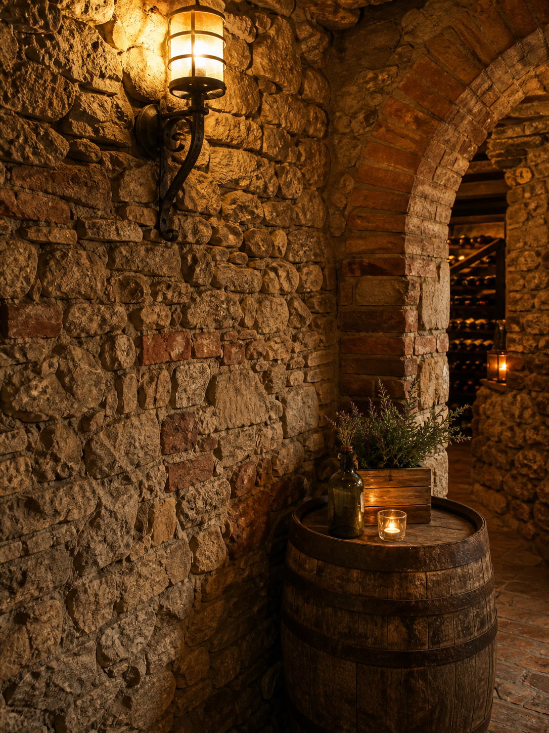 Parete in pietra e mattone a vista con arco in una taverna sotterranea