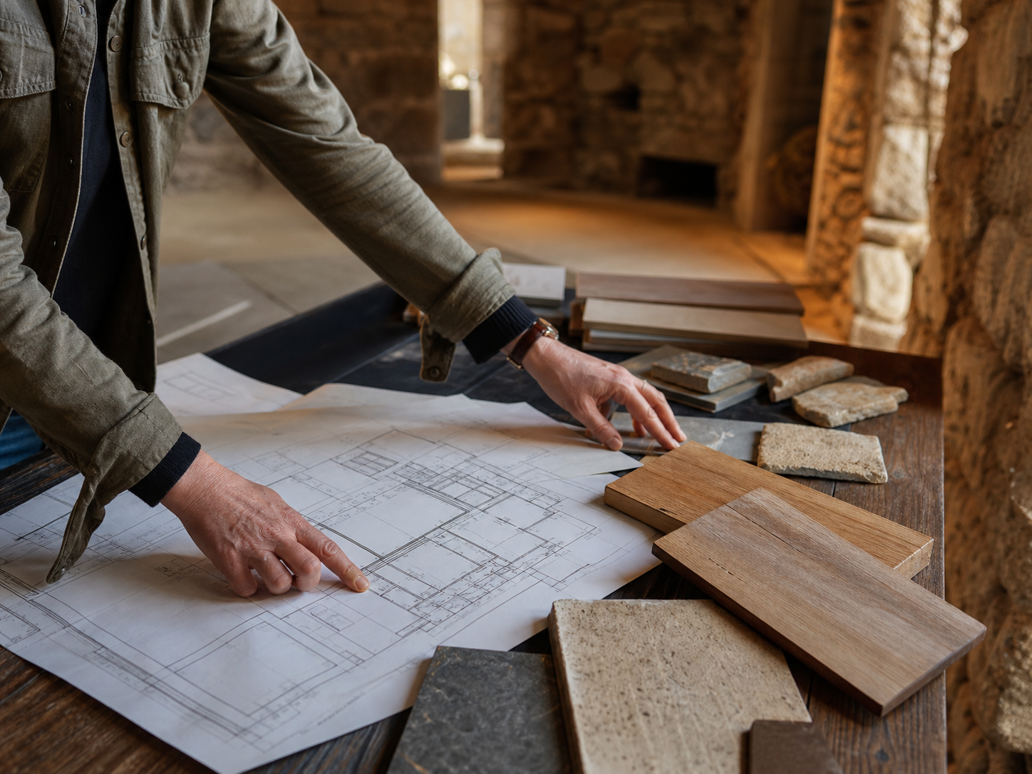 Progettista d'interni al lavoro su disegni tecnici per una cantina a Massa